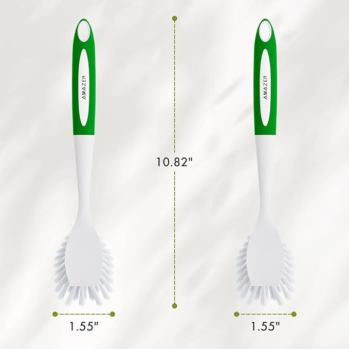 Amazer Dish Brush with Handle, 2 Pack Kitchen Scrub Brushes with Built-in Scraper for Cleaning, Dish Scrubber with Stiff Bristles for Sink, Pots, Pans (Green+Green)