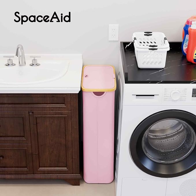 SpaceAid Slim Laundry Hamper with Lid, 65L Narrow Clothes Basket Bin with Bamboo Handles, Skinny Tall Collapsible Hamper for Bedroom, Bathroom, Dorm, Laundry Room - Pink