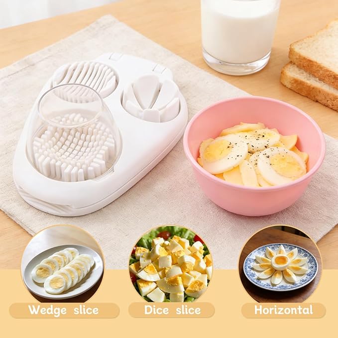 3-in-1 Egg Slicer for Hard Boiled Eggs, Stainless Steel Wire Egg Cutter with ABS Frame, Multi-Functional Kitchen Gadget for Slicing Strawberries, Bananas, Mushrooms & Cheese(White)