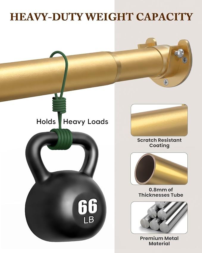 Heavy Duty Closet Rod, 17-84 IN Closet Rods for Hanging Clothes, Gold | Stepless Adjustable, Supports up to 66 lbs, Multiple Size Options, Easy Installation, Multi Purpose , Wall-Mounted
