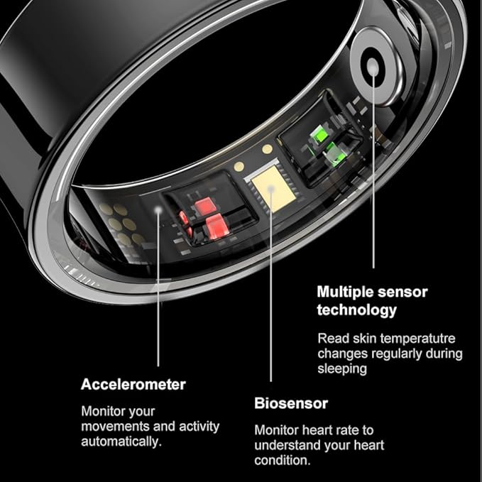 Curved Design Smart Ring Fitness Tracker, Gesture Remote Control Activity Sport Record Sleep Quality Heart Rate SpO2 Skin Temperature Monitoring (Black, #10)