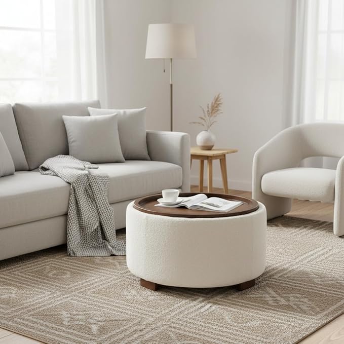 Zihanhome 30 Inch Round Storage Ottoman Coffee Table, Modern Boucle Ottoman with Lift-Off Lid and Solid Wood Legs for Living Room, Bedroom, Corners, Apartments (Beige)