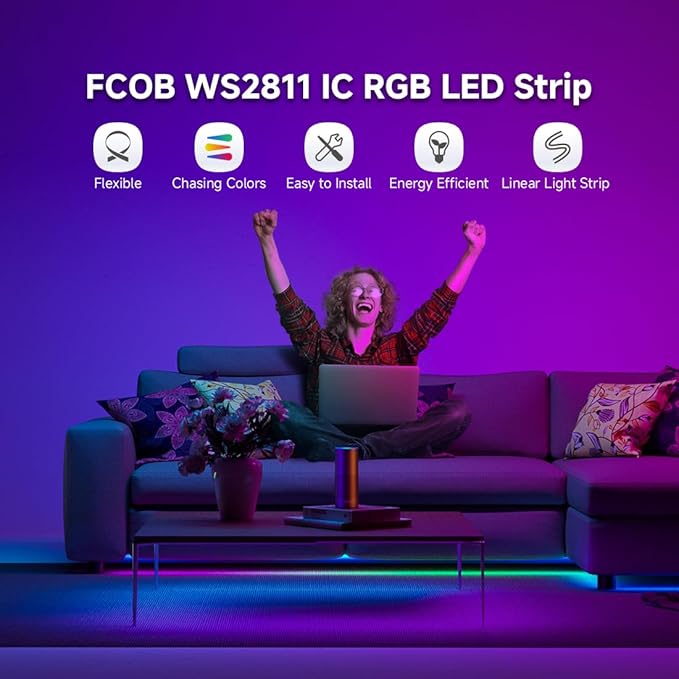 BTF-LIGHTING FCOB WS2811 IC RGB COB LED Strip DC24V 576LED/m 24FT Flexible High Density Color Chasing Uniform Light 16IC/m 10mm Width for Indoor Lighting Project(No Adapter or Controller)