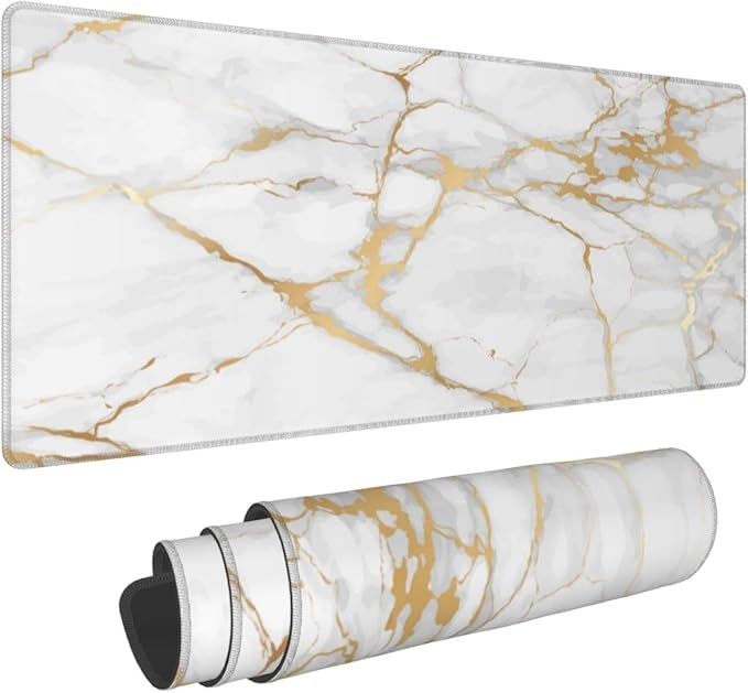 White and Gold Marble XL Large Mouse Pad with Stitched Edges Long Non-Slip Rubber Base Mousepad Laptop Keyboard Mat Desk Pad for Office Home Desk Decor, 31.5" X 11.8"