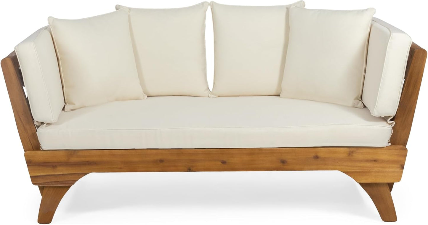 Outdoor Adjustable Patio Wooden Serene Daybed Sofa Chaise Lounge with Cushions for Small Places, Sleeper Chair with Armrest for Backyard, Poolside (Beige)
