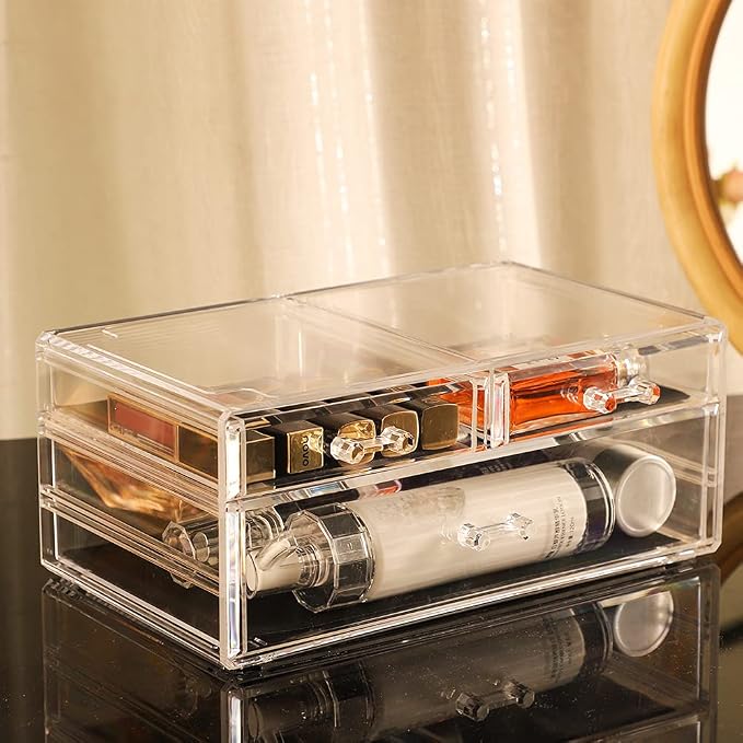 Cq acrylic 3 Pack Clear Make Up Organizer Countertop,Stackable 8 Drawers Makeup Storage,Cute Vanity Organizers for Dresser Hair Clip,Jewelry,Beauty Product Desk and Bathroom Organizers and Storage