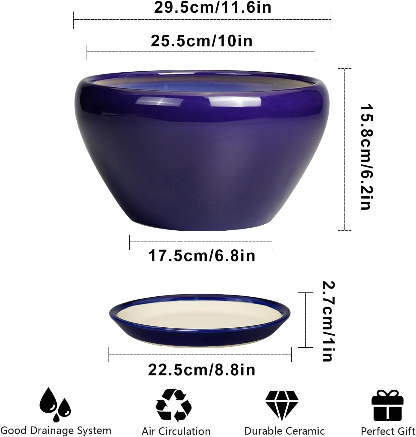 Ceramic Pot for Plants - 11 Inch Modern Round Indoor Planter with Drainage Hole and Planter Saucer for Flowers, Patio Office Home Room Decor, Gardening Gifts for Women & Men, Blue