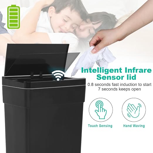 BestOffice 13 Gallon Trash Can Automatic Kitchen Trash Can Touch Free High-Capacity Garbage Can with Lid for Bedroom Bathroom Home Office 50 Liter (Black, 1) (2, Black)