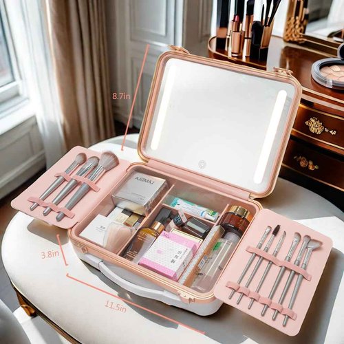ZhenGuiRu Makeup Case with LED Lighted Mirror, 11.5''x 8.7'' Portable Travel Makeup Organizer, Toiletry Storage Makeup Bag Gift for Lady, DIY Dividers Makeup Box with 5X Magnifying Mirror (White)