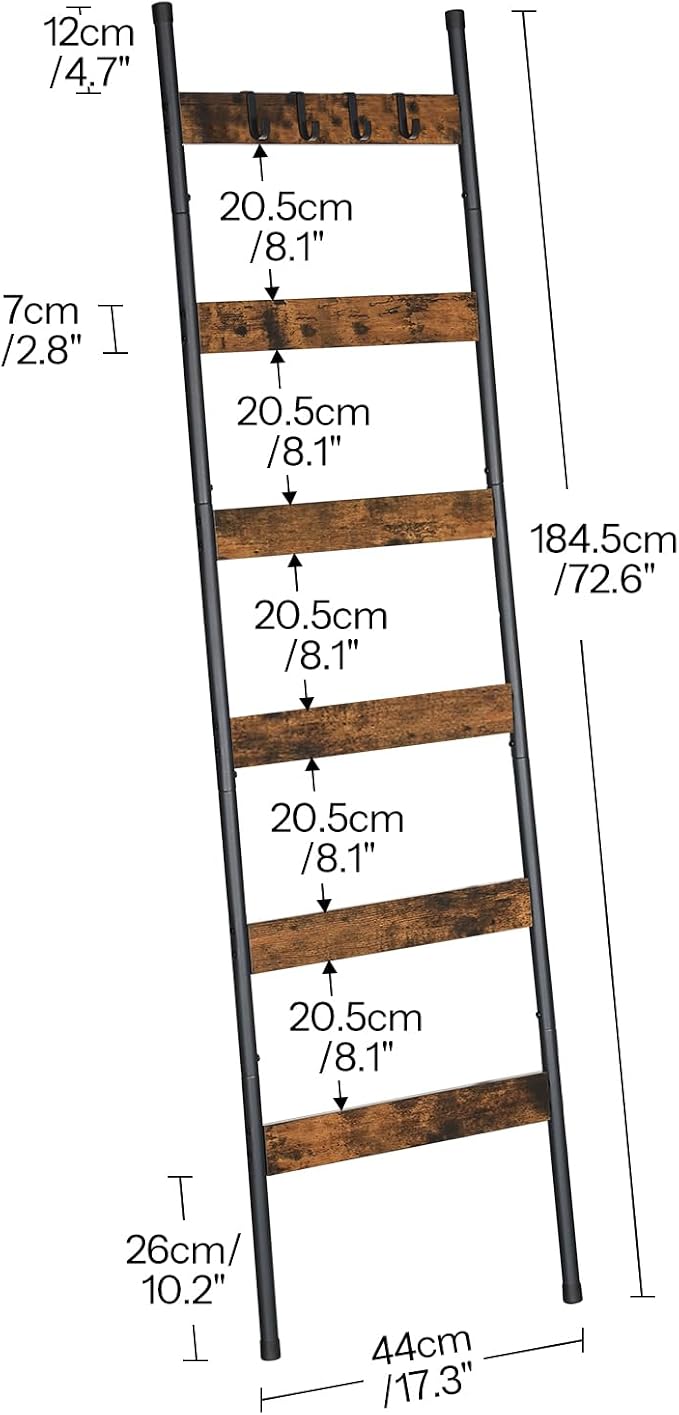 HOOBRO 5 Tier Blanket Ladder with Magazine Pocket and 6 Tier Towel Rack Bundle, Wall-Leaning Blanket Rack for Living Room, Decorative Ladder with 4 Hooks, Rustic Brown BF32CJ01-BF66CJ01