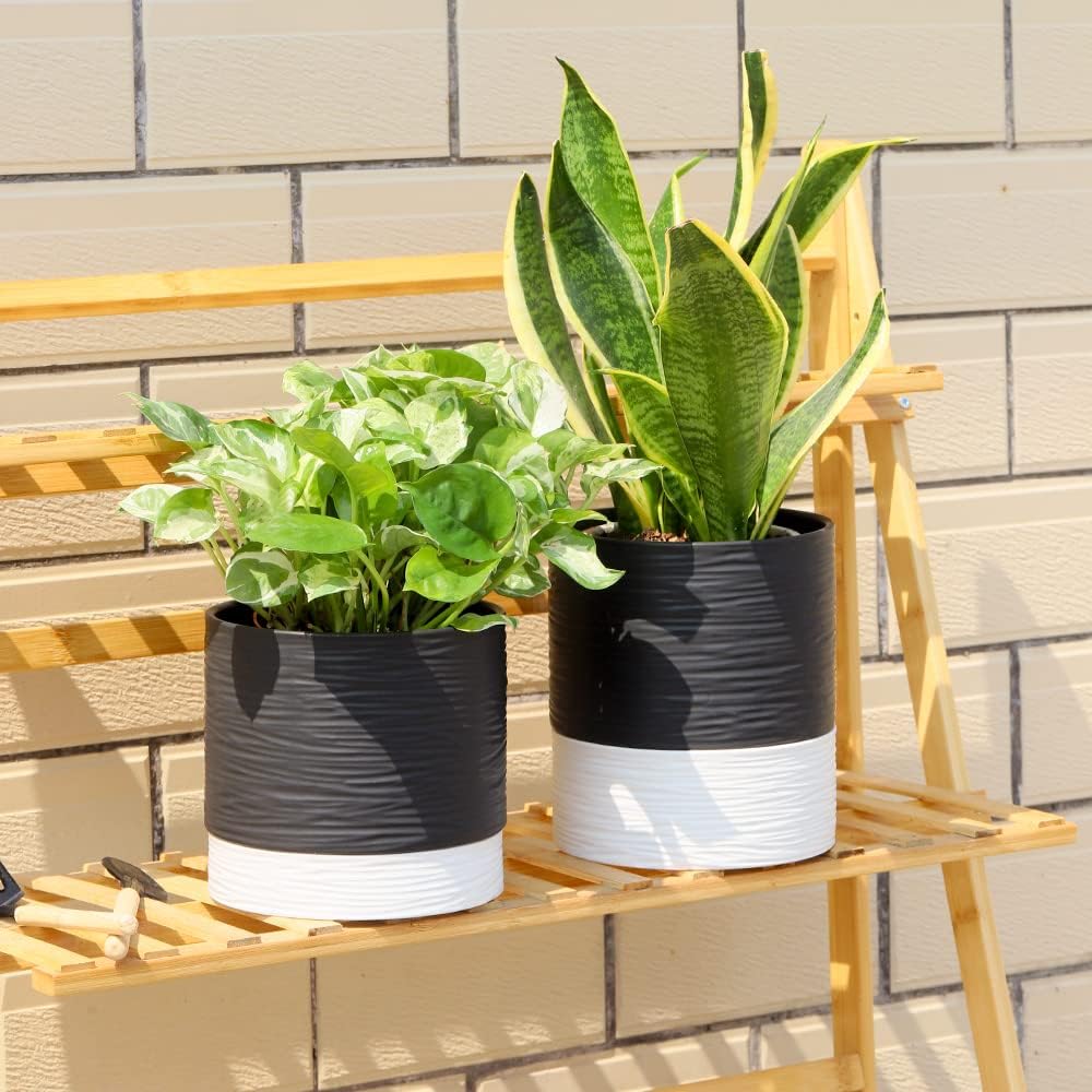 Nihow Ceramic Plant Pot: 6 Inch Planter with Drainage Hole & Saucer for Indoor & Outdoor Plants - Cylinder Round Flower Pot for Succulent/Herbs/Violets - Black & White