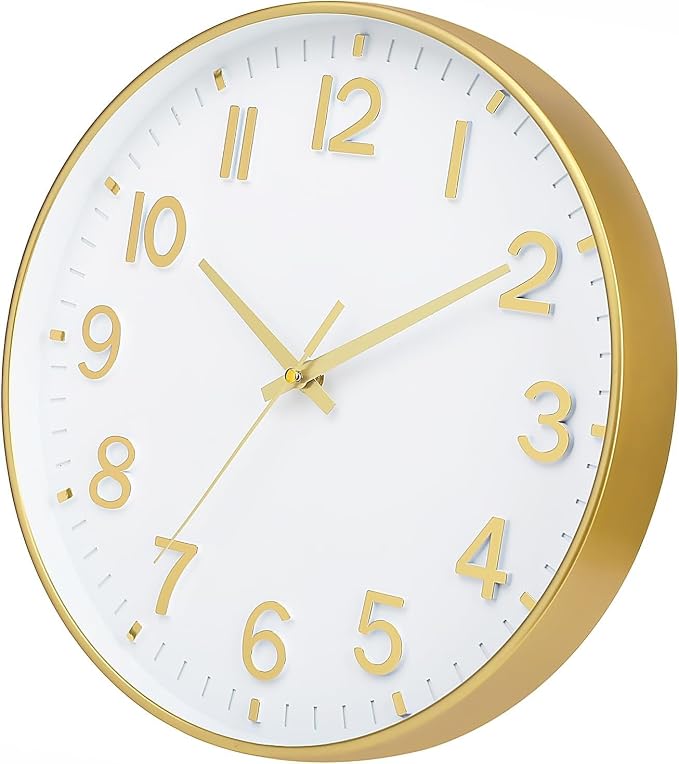HZDHCLH Wall Clocks Battery Operated,Wall Clock White Gold,10 inch Wall Clock Silent Non Ticking Modern 3D Numbers for Office Kitchen Classroom Bedroom Living Room Decor