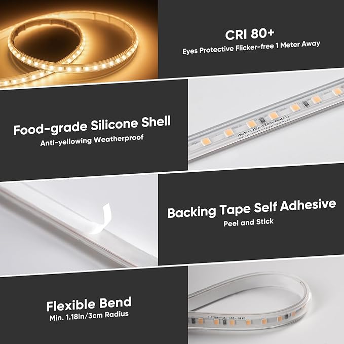 Shine Decor LED Strip Light Super Bright 24000LM, Plug&Play 120V Driverless Easy Wiring, Flicker Free Weatherproof for Outdoor Indoor, Min. 3.9” Cuttable Stickable, 2800K Warm White 98FT ETL Listed