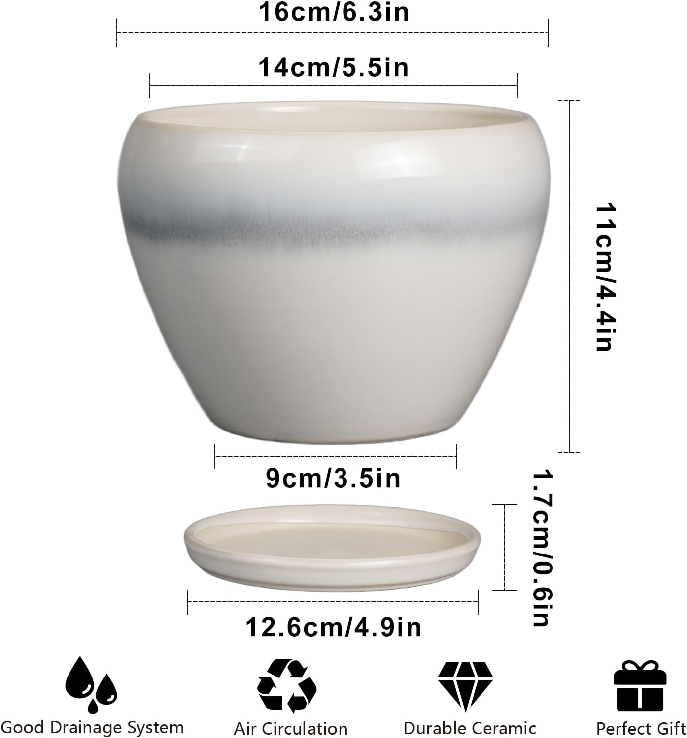 Planter Pot 6 Inch - Ceramic Plant Pot with Drainage Hole and Saucer, Round Glaze Succulent Pot for Plants, White