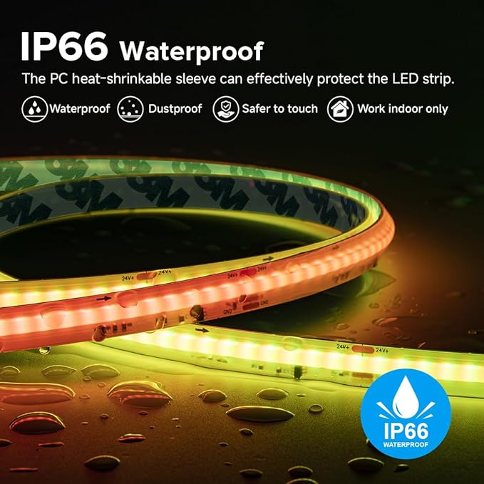 BTF-LIGHTING FCOB COB LED Strip Light IP66, WS2814 Smart IC RGBW 3000K Color Chasing Light, UL Listed DC24V 16.4FT 784LEDs/m High Density 10mm Width for Home Party DIY Decor(No Adapter or Controller)