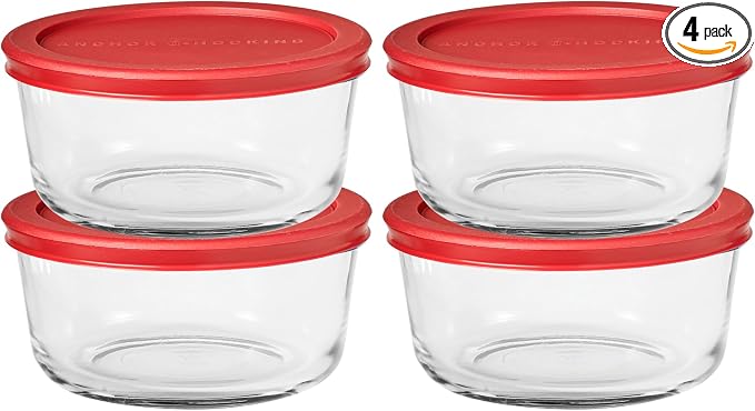 Anchor Hocking SnugFitTM Round Food Storage Containers with Lids (4-Piece, 4-cup, Red, oven-safe)