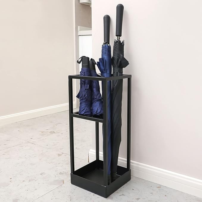 MyGift Umbrella Stand,Umbrella Holder for Entryway,20 Inch Tall Modern Metal Geometric Freestanding Umbrella Rack or Cane Holder with Shelf for Small Umbrellas and Bottom Drip Tray (Black)