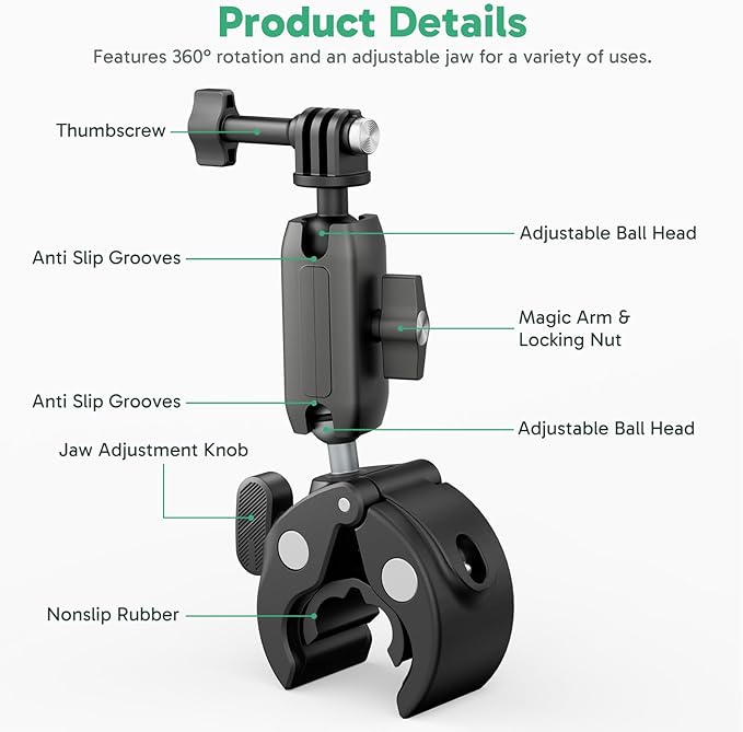 AKASO Motorcycle Handlebar Clamp Mount Mountain Bike Pole Mount for GoPro 13 12 11 10 9, EK7000/EK7000 Pro, Brave 4/4 Pro, Brave 7/7 LE, V50 X, V50 Elite Action Cameras