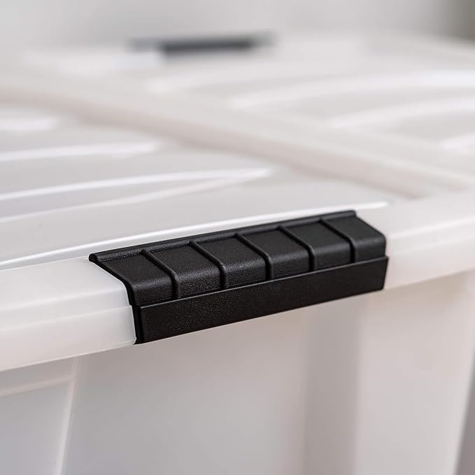 IRIS USA 40 Qt Stackable Plastic Storage Bins with Lids, 6 Pack - BPA-Free, Made in USA - Discreet Organizing Solution, Latches, Durable Nestable Containers, Secure Pull Handle - Pearl