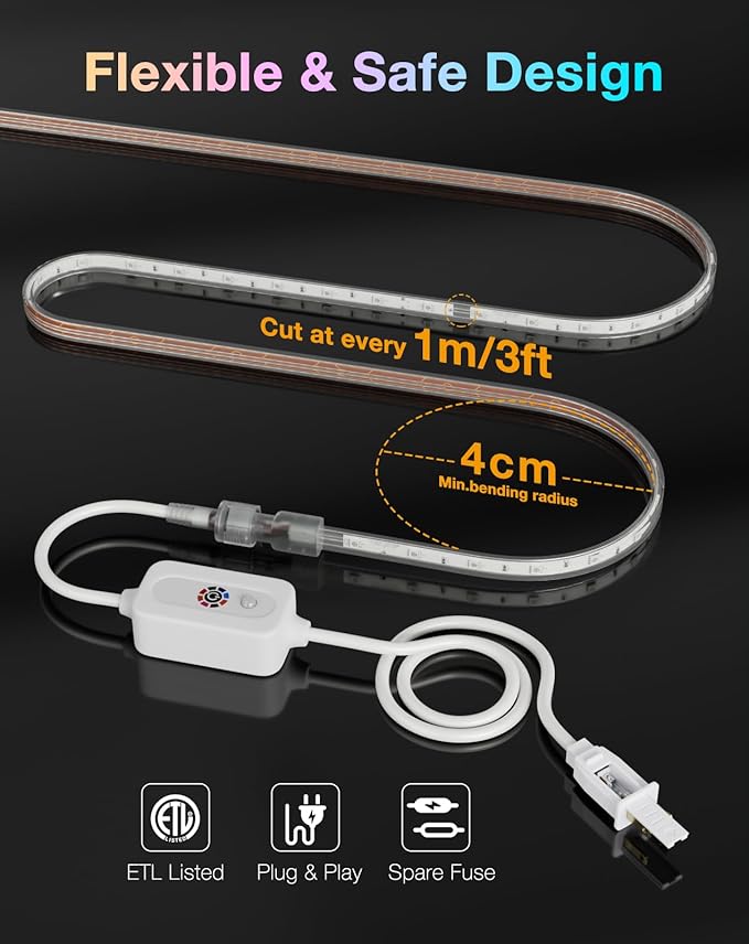 Shine Decor 120V RGB LED Strip Light Remote Control, Cold Resistant IP65 Waterproof Outdoor Strip Lighting Color Changing, Connectable Lite Multicolor Lighting Strip 7x13mm, 32 FT 300 LEDs ETL Listed