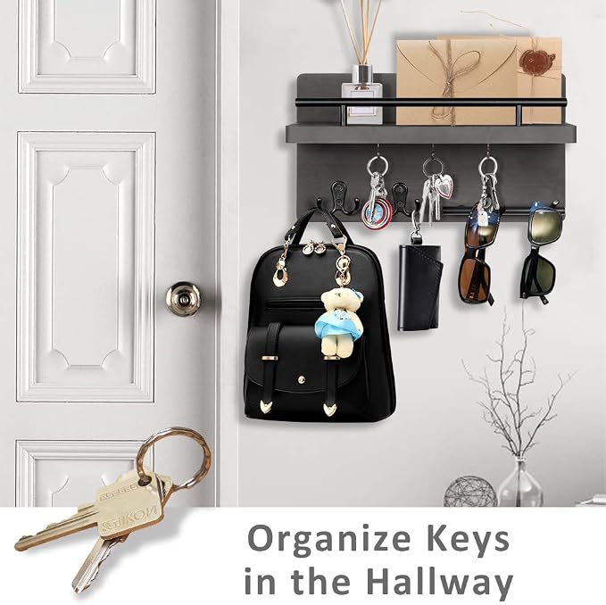 OurWarm Wall Mounted Key Hanger with 5 Hooks, Decorative Wooden Mail Organizer with Shelf, Rustic Home Decor for Entryway, Mudroom, Office, Hallway
