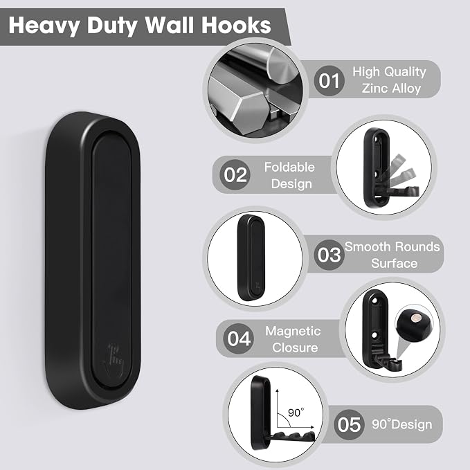 Dntorx Folding Coat Hooks, 6 Pcs Foldable Black Wall Hooks Heavy Duty Foldable Hook Bathroom Towel Hooks Robe Hooks Wall Mounted for Hanging Coat Towels Clothes Hat Bags Keys