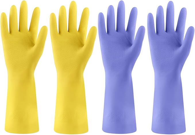 Rubber Kitchen Dishwashing Gloves - 4 Pairs Colorful Reusable Cleaning Gloves for Kitchen Washing Dishes and Household Cleaning(Small, Yellow+Blue)