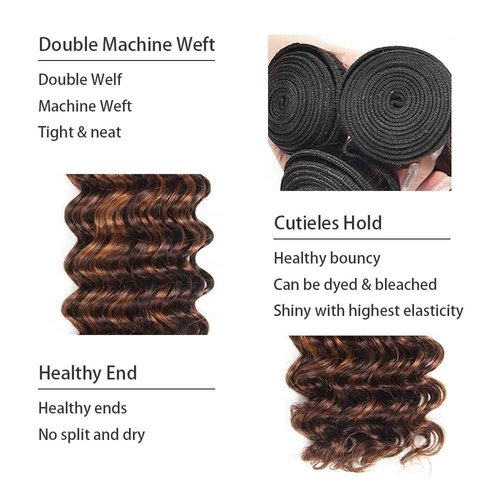 Giginger Bundles Human Hair Deep Wave Human Hair Bundles 22 24 26 Inch Brazilian Chocolate Brown Highlight P4/30 Unprocessed Quick Weave Soft Sewn In Hair Extensions for Black Women