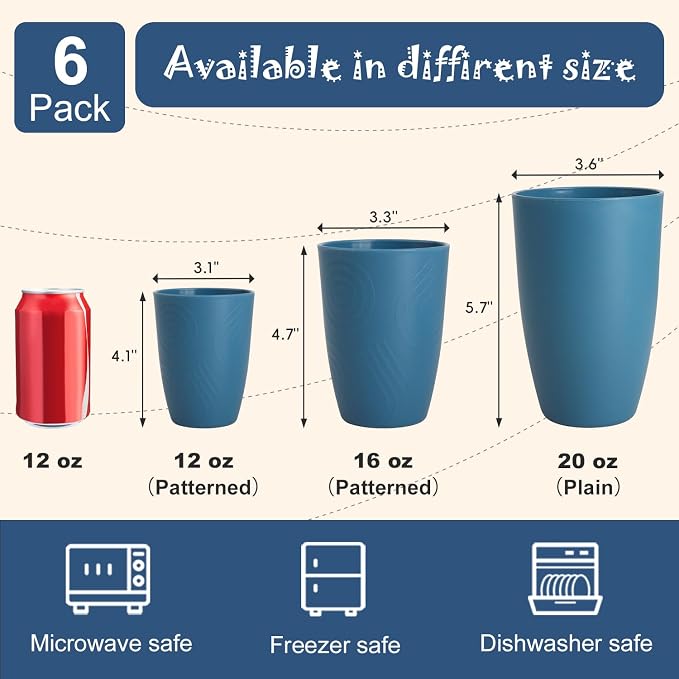 Wheat Straw Drinking Cups Set of 6, 16 OZ Unbreakable & Lightweight Plastic Cups Reusable, Dishwasher Safe Tumblers for Camping, Kitchen, RV, Party， Dark Blue