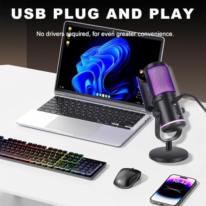 UP-S Condenser Microphone for Gaming PC/PS5 - RGB USB with Noise Cancellation & Tap-to-Mute - Triple-Knob Control Desktop Stand Mic for Streaming, Podcasting YouTube Black
