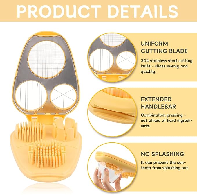 3-in-1 Egg Slicer for Hard Boiled Eggs, Multipurpose 3-Way Cutter with 3 Slice Modes, Heavy Duty Stainless Steel Chopper Tool for Strawberry, Mushroom, Grape, Cherry Tomato(COLOR:Yellow)