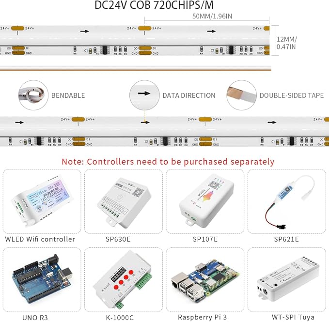 Smart WS2811 IC RGB COB LED Strip 6.56FT/2M, 720LED/m 20IC/M 12mm Width High Density Uniform Chasing Color Light DC24V White PCB Flexible Tape Light(No Adapter or Controller)