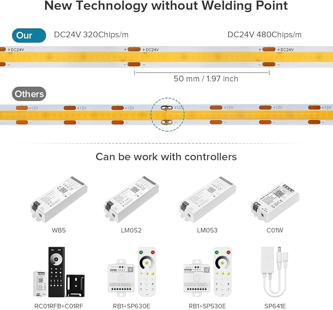 16.4FT IP65 Waterproof COB LED Strip 4000K 480LEDs/m Flexible High Density Uniform Bright LED Lights 9W/m, Dimmable 8mm DC24V COB Strips for Home Indoor Decoration, NO Power and Controller