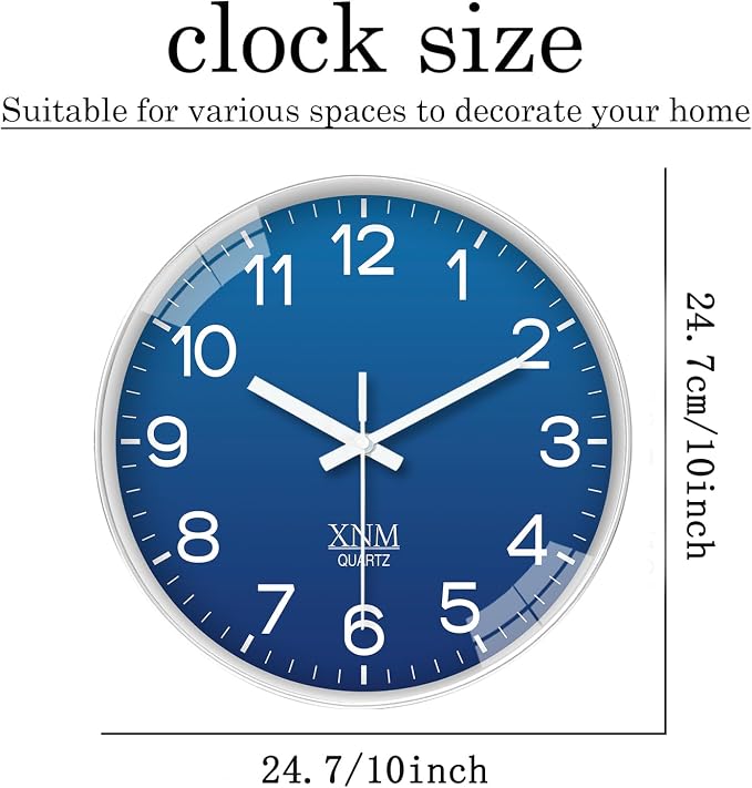 XNM 10 Inch Modern Navy Blue Clock for Office Bedroom Classic Wall Clock Battery Operated Minimalist Silent Wall Clock