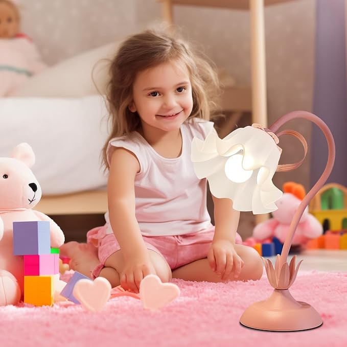 WERFOP Flower Table Lamp, LED Reading Light Vintage Bedside Table Lamp with 3 Color Modes for Nightstand, Kawaii Decoration for Home Bedroom Living Room (Pink)