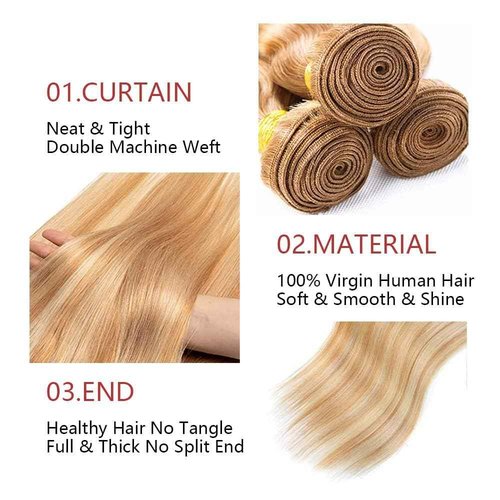Giginger Bundles Human Hair P27/613 Blonde Straight Human Hair Bundles 22 24 26 Inch Highlight Honey Blonde Unprocessed Quick Weave Soft Sewn In Hair Extensions for Black Women