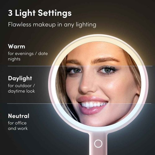 Fancii Cami Handheld Travel Makeup Mirror with Lights, Rechargeable, Extra Large, Double Sided 5X / 1X Magnifying Mirror - 3 Color Lighting, Handheld or Vanity (Strawberry Cream)