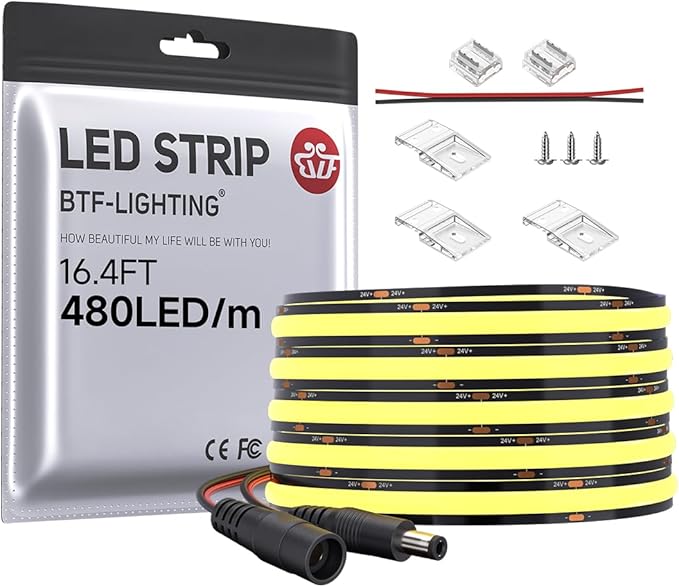 BTF-LIGHTING FCOB COB LED Strip 480LED/m Flexible High Density Uniform Light 9W/m 16.4FT DC24V Daylight White 6000K CRI 90+ 8mm Width LED Ribbon for Indoor Decor(No Adapter or Controller)