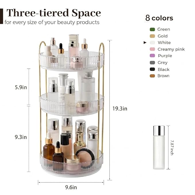 Aveniee Rotating Makeup Organizer for Vanity, Premium Solid Metal Pole Sturdy Construction, Perfume Storage for Bathroom Countertop, Clear Spinning Counter Shelf Cosmetic Holder for Dresser,Gold