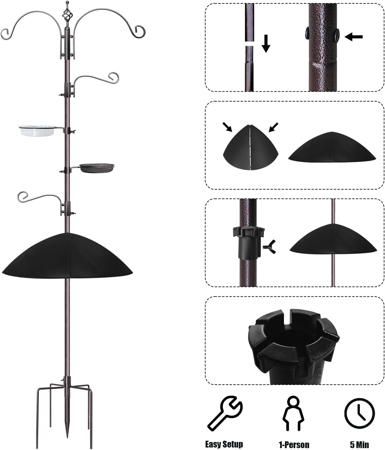 Bird Feeder,91in 4 Hook Bird Feeder Pole with Squirrel Baffle,Bath and Mesh Tray,Steel Multi-Feeder Kit Stand for Attracting Wild Birds, Easy Assembly for Courtyards (Weld, Black 91IN)