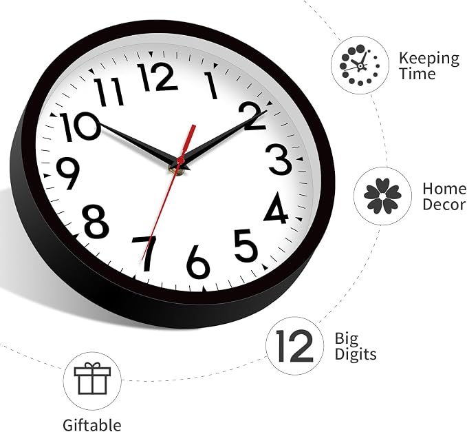 DAXSMY 12 Inch Wall Clock Silent Non-Ticking Battery Operated Analog Clock Decorative for Office Kitchen Outdoor Living Room Classroom Bedroom Bathroom School(Black)