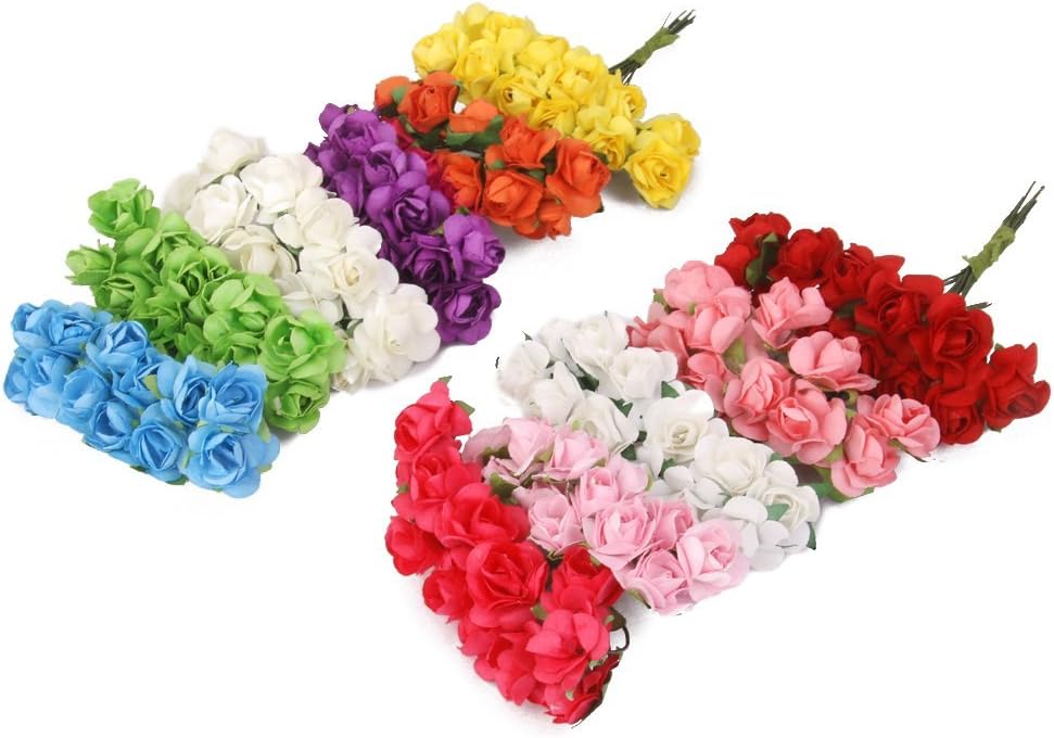 Mini Fake Rose Flower Heads 144pcs Mini Artificial Mulberry Paper Roses Flower with Wire Stem DIY Wedding Flowers Accessories Make Bridal Hair Clips Headbands Dress (Purple)