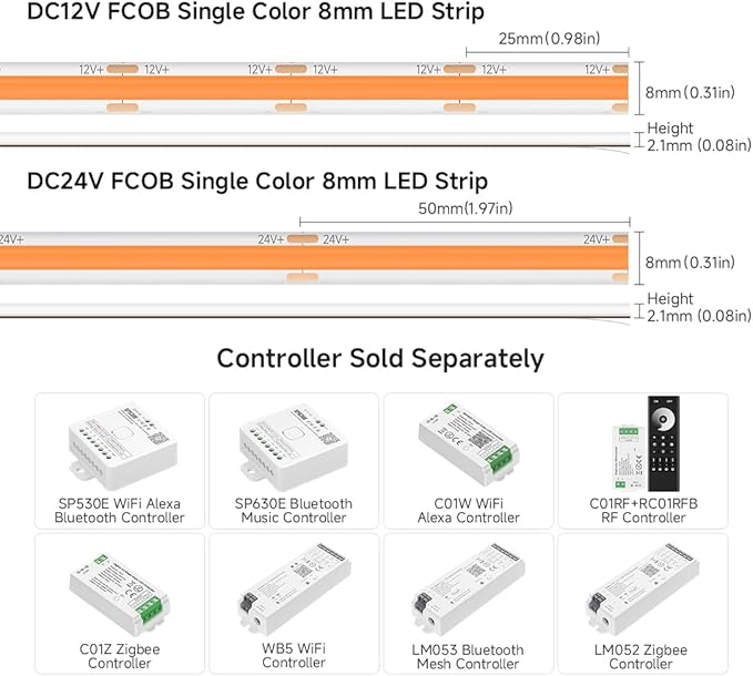 BTF-LIGHTING FCOB IP65 Waterproof Purple Color COB LED Strip 16.4FT DC24V 480LED/m 8mm Width Flexible High Density CRI 90+ Dimmable LED Light for Home Indoor Decor(No Controller or Adapter)