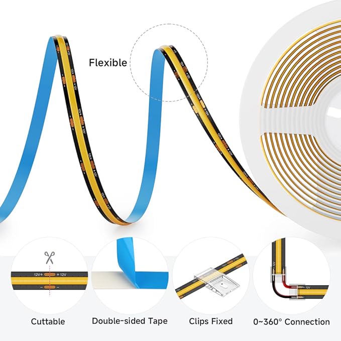 BTF-LIGHTING FCOB COB LED Strip 480LED/m Flexible High Density Uniform Light 9W/m 16.4FT DC12V Warm White 3000K CRI 90+ 8mm Width LED Ribbon for Indoor Decor(No Adapter or Controller)