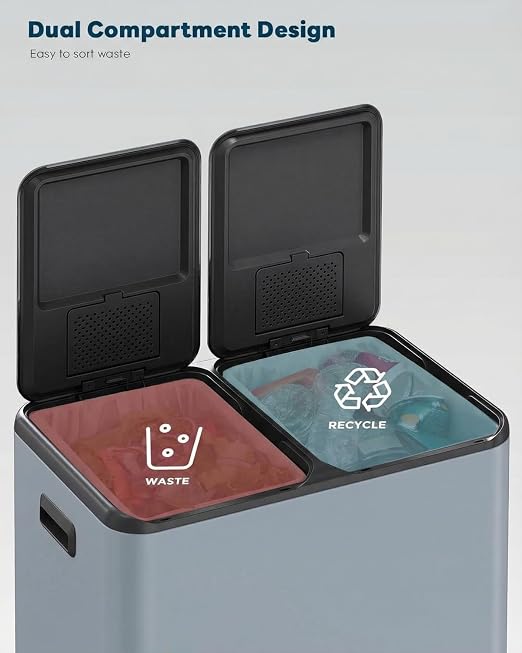 ComfyCorner 16 Gal (2 x 30 L) Dual Trash Can, Stainless Steel Kitchen Garbage Bin, Recycle Dustbin with Odor Control Box, Soft-Close Lid, Inner Buckets, Side Handle, Step Pedal, for Home Office