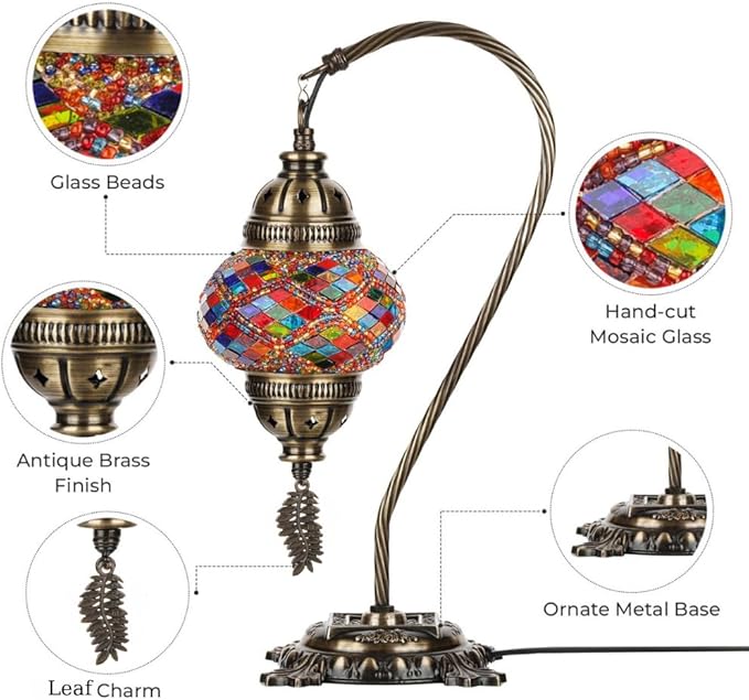 DEMMEX Turkish Moroccan Mosaic Table Lamp – Handcrafted Tiffany-Style Colorful Glass Swan Neck Bedside, Desk, Table Light, Boho Artisan Accent Lighting for Bedroom or Living Room – 15" H, Pink
