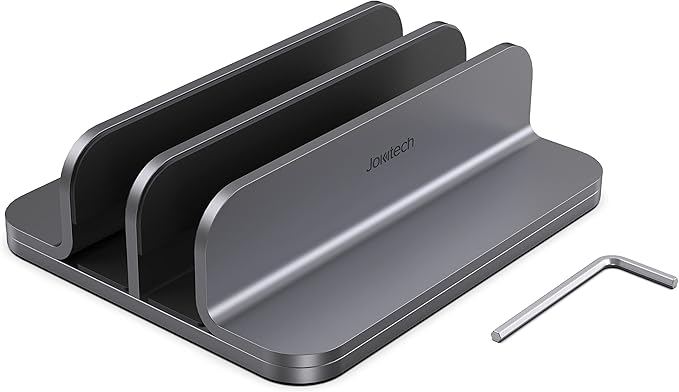 JOKItech Dual Aluminum Vertical Laptop Stand Organizer, Sturdy Notebook Computer Holder Stand Compatible with New Liquid Retina XDR Apple MacBook Air/Pro/Neo, Mac mini, Apple TV & iPad Pro - Spacegray
