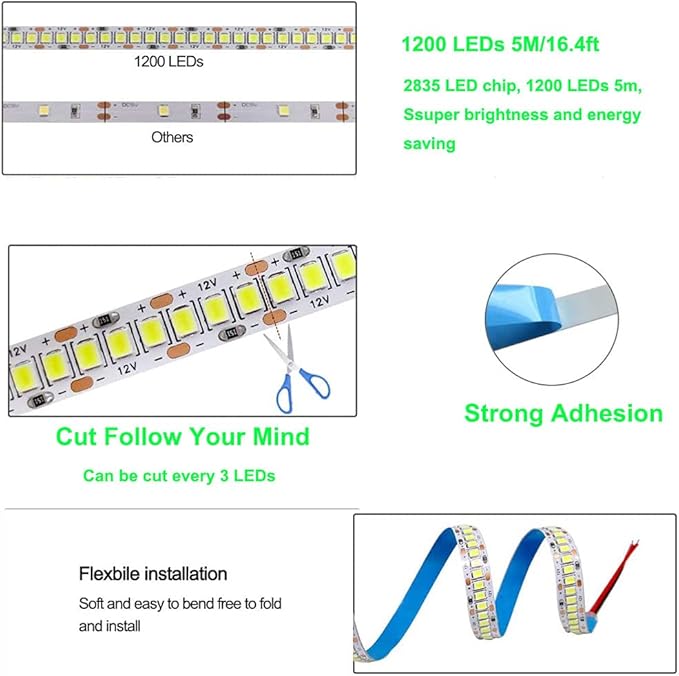 SUYOOULIN LED Strip Lights, SMD 2835 LED Strip, DC12V 1200LEDs 16.4Ft 26000LM High Density LED Light Strips Non-Waterproof IP21, 3 Times Brightness Than SMD3528 LED Strip, Ice Blue