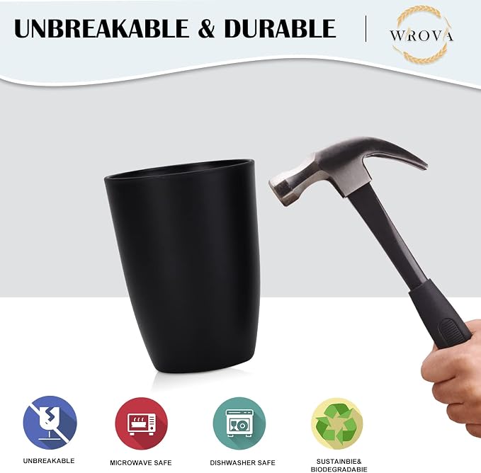 Wrova Wheat Straw Cups Set of 8 Good Alternative to Plastic Cups 20 oz Unbreakable Drinking Cup Reusable Tumbler Dishwasher Safe Water Glasses Black