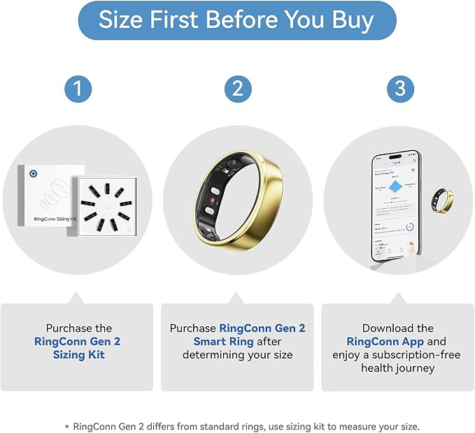 RingConn Gen 2, World’s First Smart Ring with Sleep Apnea Monitoring, No APP Subscription, 12-Day Battery Life, Stress/Heart Rate/Women's Health Tracker, Android & iOS Compatible (Gold, Size 7)